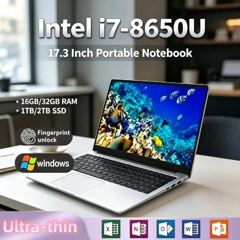 Intel i7 8650U 17.3 Inch Full Size Gaming Laptop 16GB RAM 2TB SSD Fingerprint Unlock Work Notebook High Performance Max