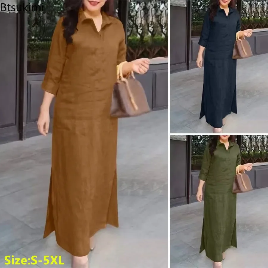 

Fashion Solid Shirt Dress for Women Spring New Lapel Maxi Dress Office Ladies Elegant OL Vestidos Simple Loose Casual Robe Femme