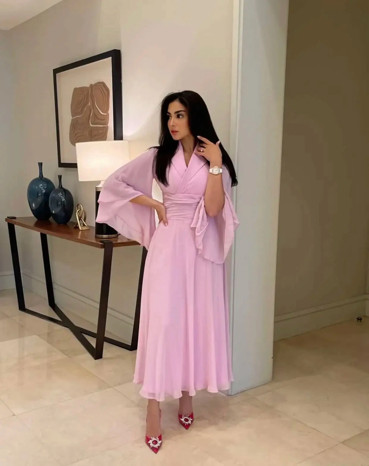 

Meetlove فساتين السهرة party dresses Saudi Arabia Women's Prom Dresses Chiffon Long Sleeves V Neck Ankle Length Formal Occasion