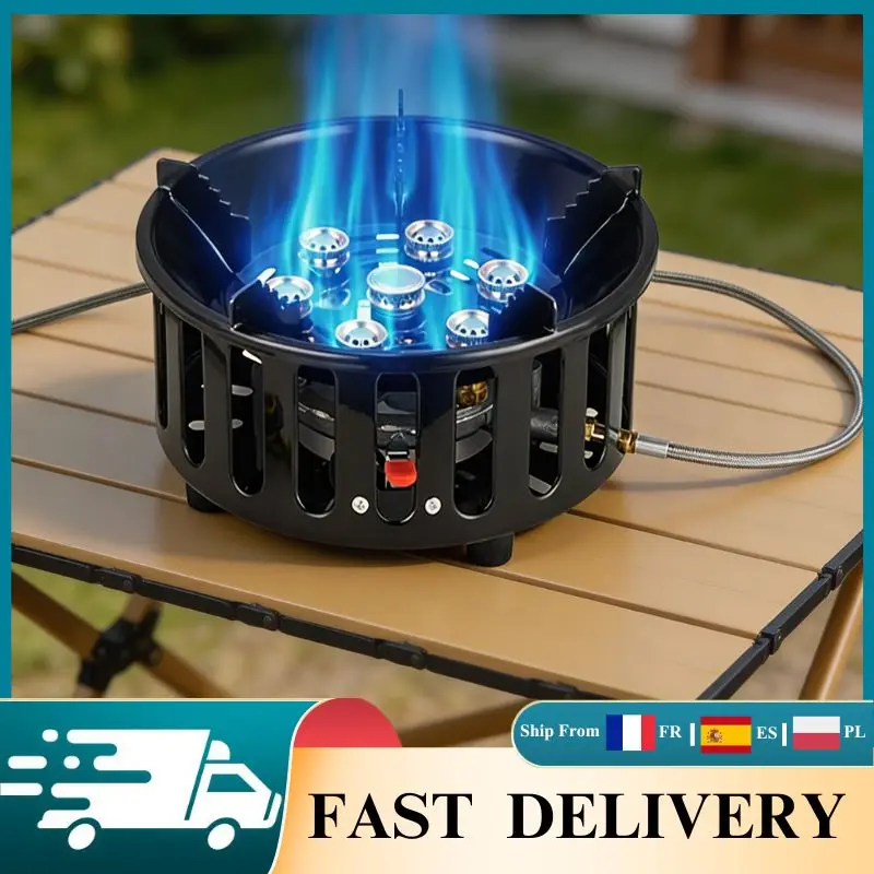 Estufa de Camping de Acero Inoxidable de 7 Quemadores, Portátil y Resistente al Viento, con 3 Adaptadores para Acampar al Aire Libre, Senderismo, Picnic, Viajes en Autocaravana