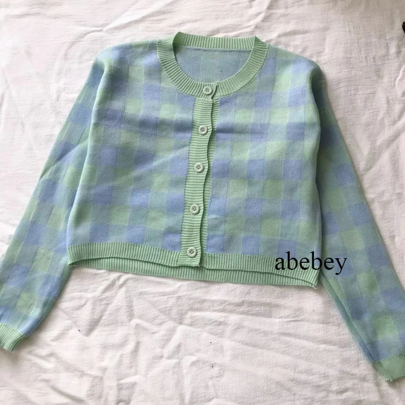 2026 New Autumn Winter Womer Knitwears O-neck Long Sleeve Knitted Sweaters Single Breasted Hit Color Plaid Short Cardigans Tops