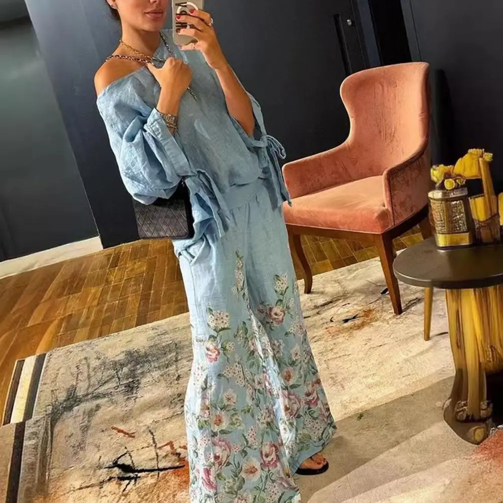 Wide Leg Pantsuit Flower Print Retro Outfit with Lace-up Cuff Blouse Wide Leg Trousers Set for Women One Shoulder Slant Neck Top