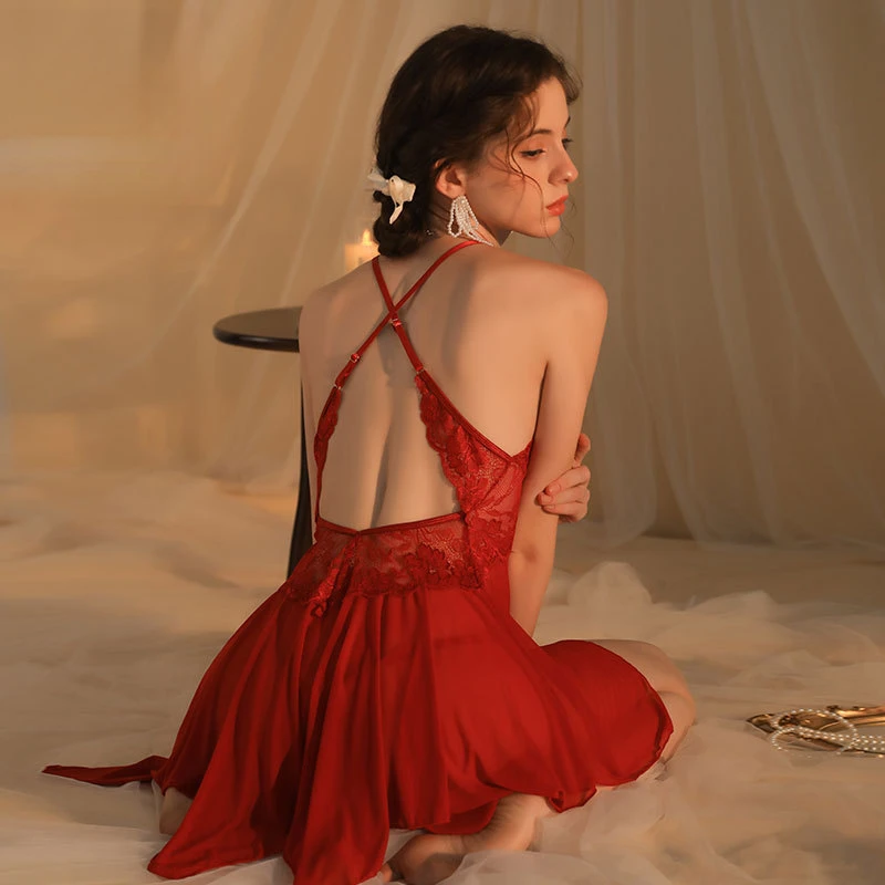 ملابس داخلية مثيرة من الدانتيل فستان نوم نسائي مثير من الأمام مفتوح فستان قصير ملابس لممارسة الجنس موحدة ساخنة أحمر أسود