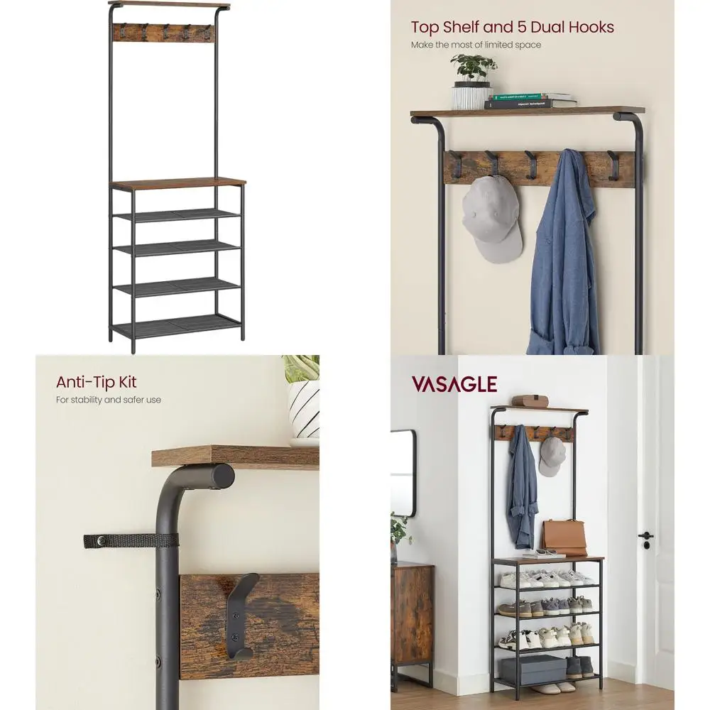 

Банкетка для хранения обуви с вешалкой для одежды, 5-уровневая полка для обуви разной высоты, двойные крючки, верхняя полка, органайзер для прихожей, спальни