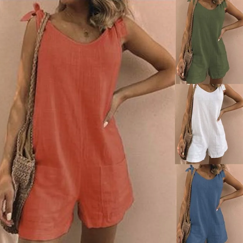 Summer Solid Cotton Linen Patch Pocket Loose Jumpsuit Women Casual EU US Style