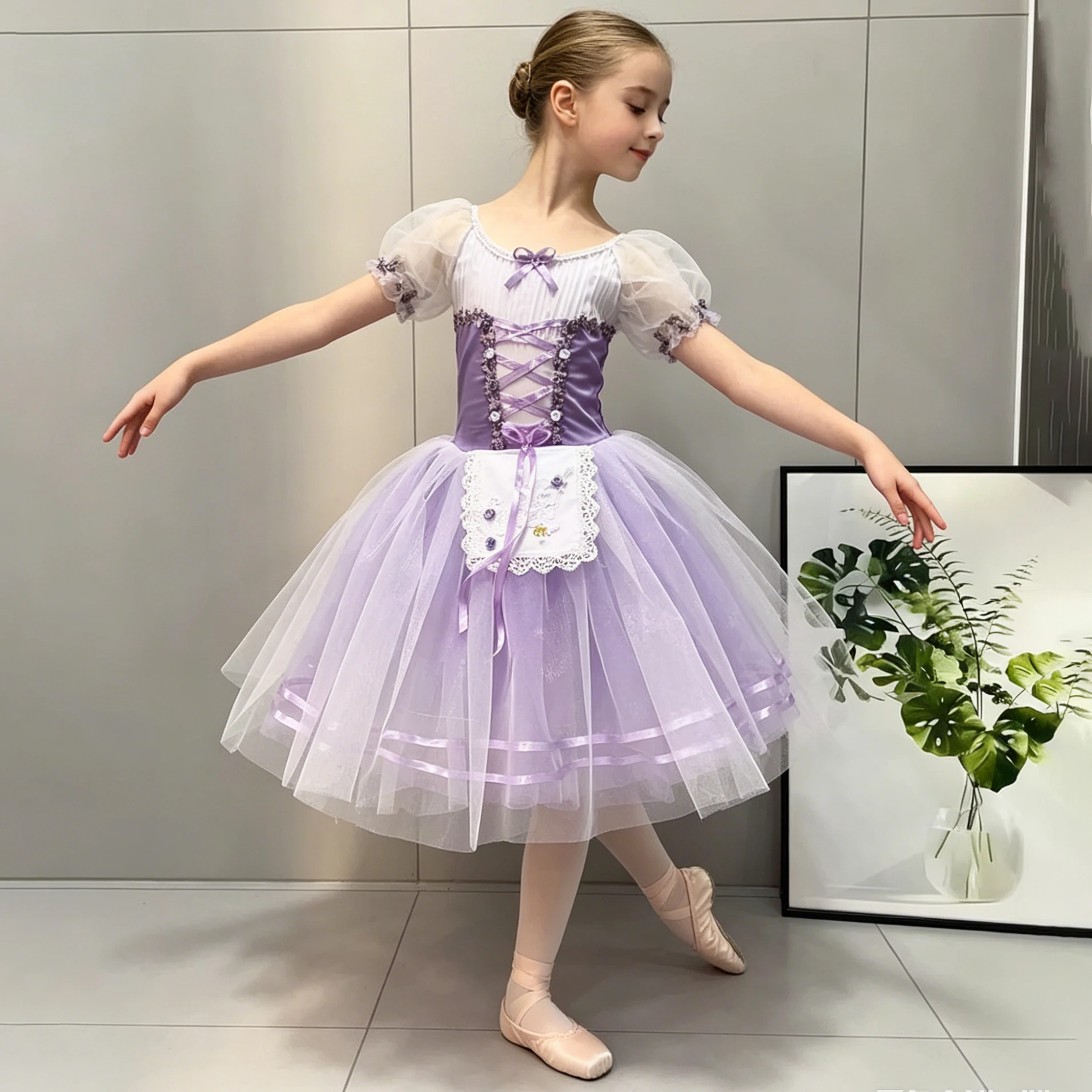 

Professional Elegant Ballet Dress Puff Sleeve Bowknot Flower Lace Pleated Ballerina Party Dress Children Girl Dance Costumes
