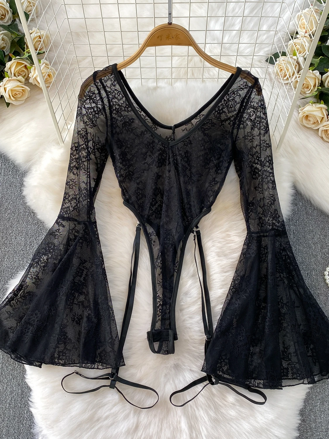 

Women Black Lace Bodysuits Y2k Long Sleeve Perspective V-Neck Sexy Playsuits with Garters Vintage Exotic Sissy Coquette Rompers