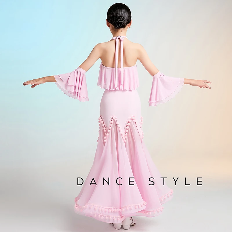 소녀를위한 핑크 표준 댄스 복장 경쟁 공연 착용 현대 볼룸 댄스 복장 홀터넥 바디 슈트 스커트 세트 AMY3158