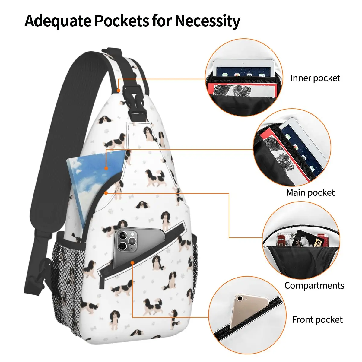 Cavalier King Charles Spaniel Sling Bag Chest Crossbody Shoulder Backpack Travel Hiking Daypacks Animal Dog Printed Bags