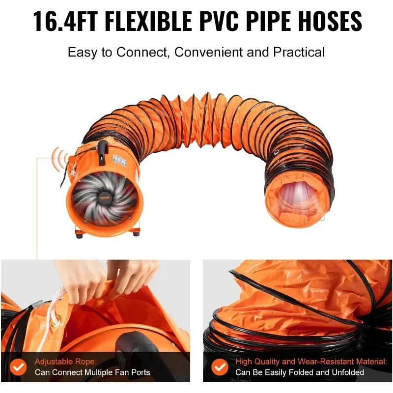VEVOR مروحة تهوية صناعية محمولة مع خرطوم، 3198CFM 12 بوصة مروحة عادم أنبوبية شديدة التحمل مع قناة مرنة 16.4 قدم