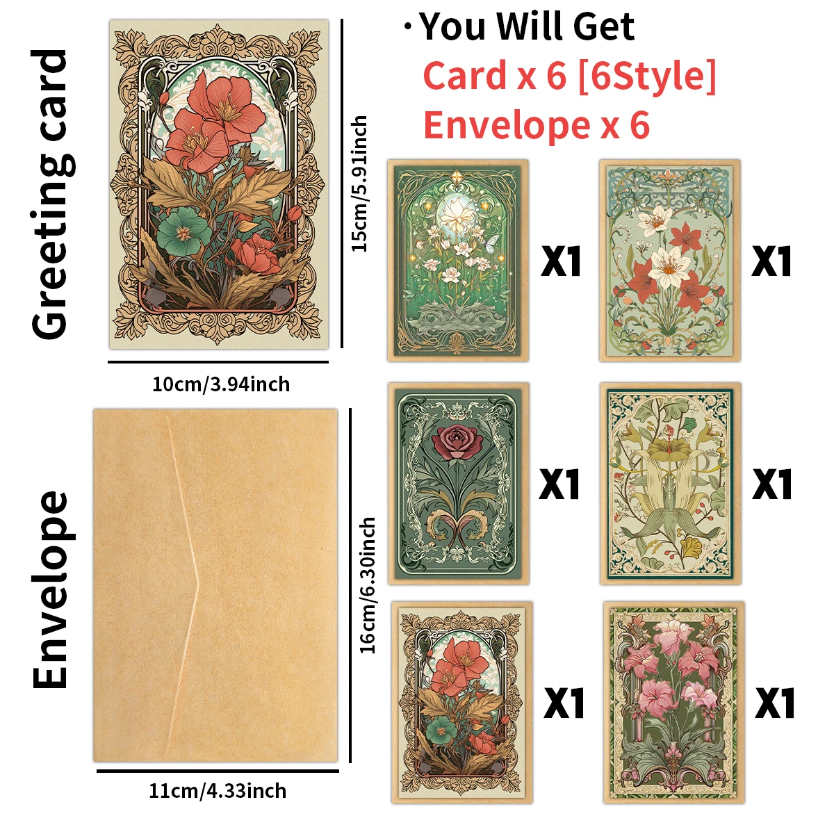 6 Stück Vintage-Grußkarten mit Blumenmotiv und Umschlag, handgezeichneter Entwurf, für Geburtstag, Jahrestag, herzliche Botschaft, Partygeschenke – Detail 5