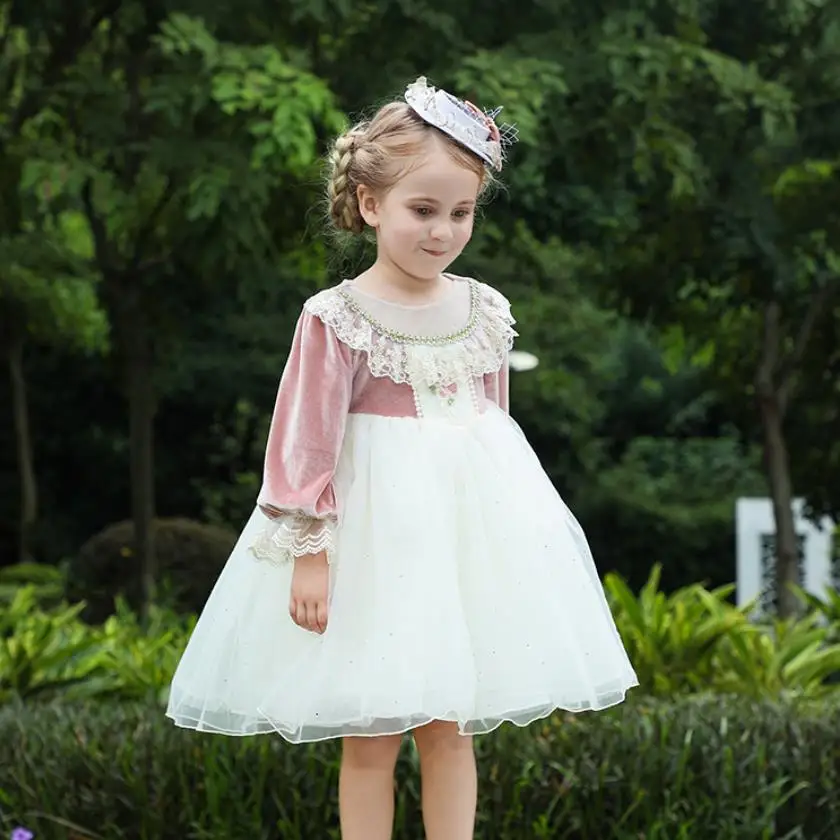 

Children's Boutique Princess Evening Gown Lace Mesh Design Kids Wedding Birthday Baptism Eid Party Girls Velvet Dress A3260