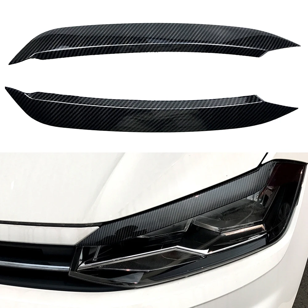 For VW Polo 2019 2020 Car Styling Headlight Lamp Eyebrow Eyelid Molding Trim Lid Cover ABS Carbon Fiber Look 2Pcs Accessories view 3