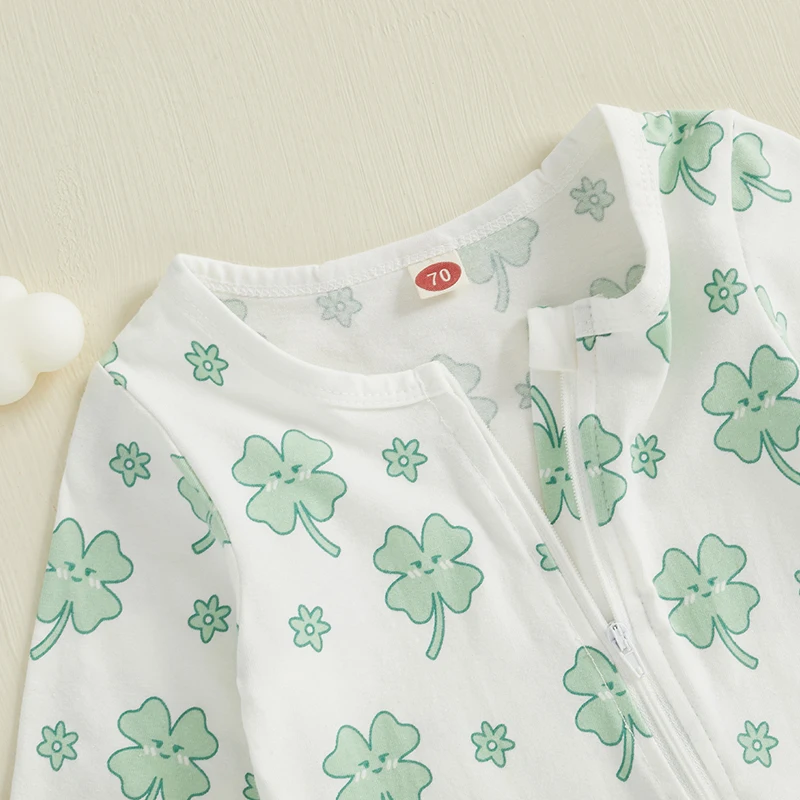 St Patrick s Day Shamrock Print  for Infant Baby Girl or Boy with Zipper Closure and Long Sleeves - Adorable