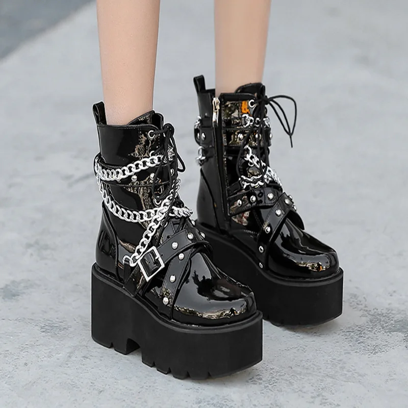 Women Boots Square Heel boots platform shoes goth Band Thigh High Shoes Black Spring winter boots