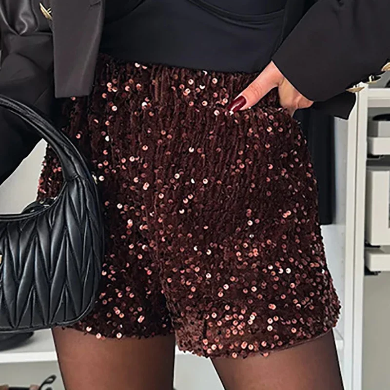 Women Fashion Sequin Sparkling Mini Shorts 2025 Spring Elegant Elastic Waist Commuter Shorts Autumn Slim Fit Short Pant Feminina