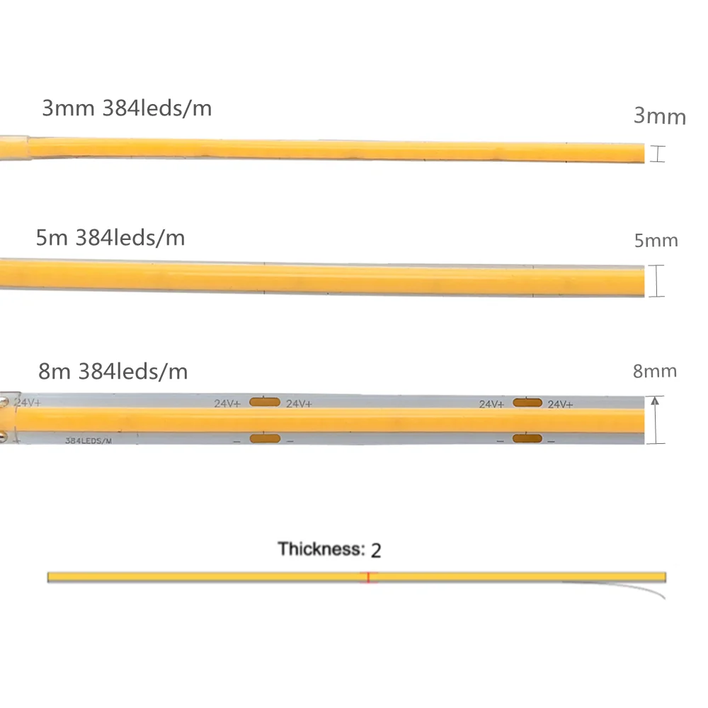 3mm COB LED Strip Lights DC12V 24V 5M 384LEDs/M High Density Flexible LED Tape 3000K 4000K 6000K Kitchen Room Decor 5mm 8mm PCB