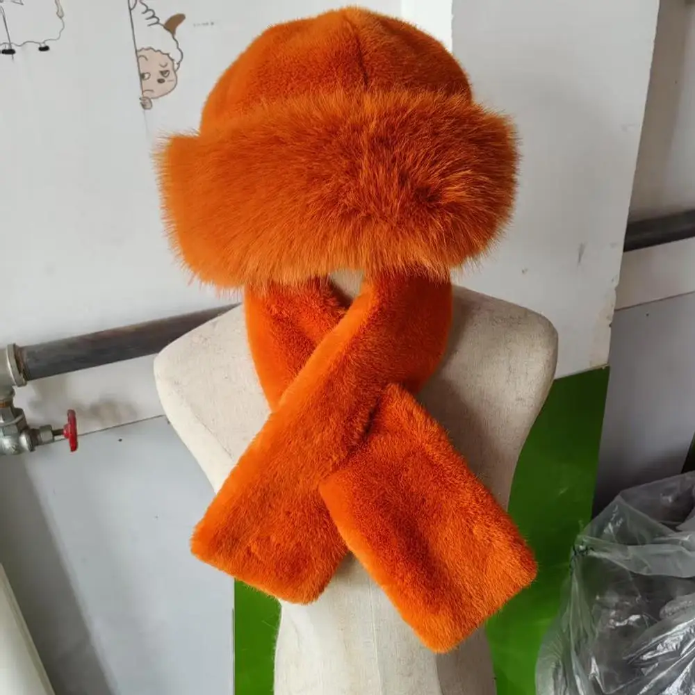 2 قطعة مجموعة وشاح القبعة أفخم قبعة دافئة ووشاح فو الفراء رقيق البلوز قبعة يندبروف رشاقته الرقبة التفاف غطاء قبة الرقبة أدفأ #5