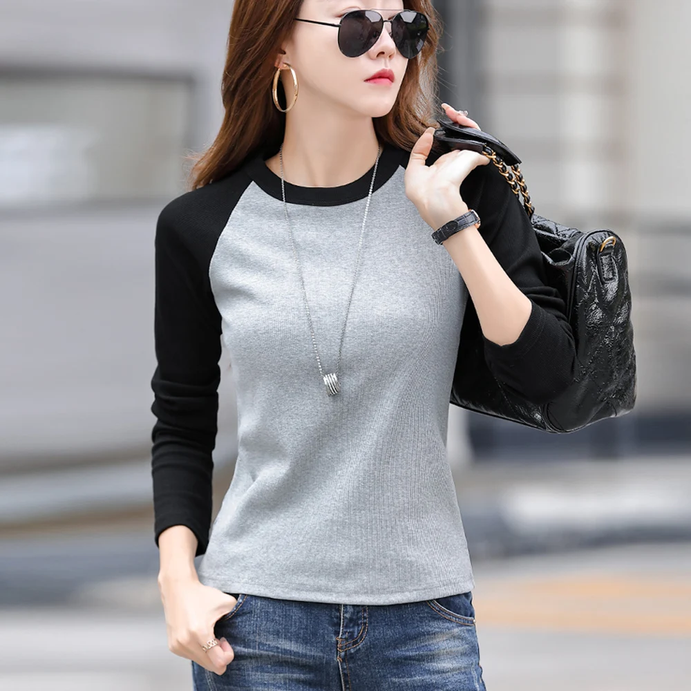 

Серая женская футболка в корейском стиле с длинными рукавами, новый высококачественный хлопковый модный топ больших размеров, облегающий повседневный топ с круглым вырезом