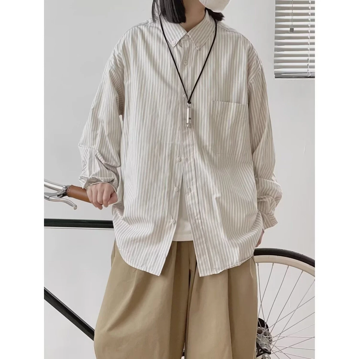 

New 2025 Khaki Light Stripe Casual irt Loose Long Sve Spring Autumn y Sle Faion Polyester Fiber Youth Polyester