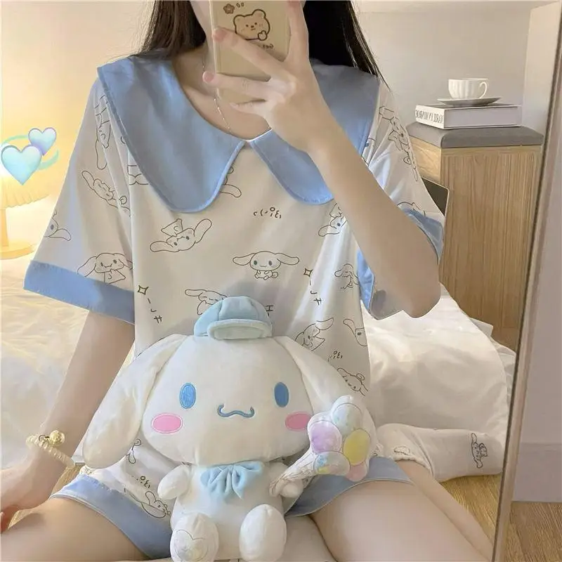 Cartoon Soft Sanrio Lapel Nighty Suit Anime Cinnamoroll Summer Short Sleeve Pant Sleepwear Cute Sweet Loose Nighty Set Girl Gift