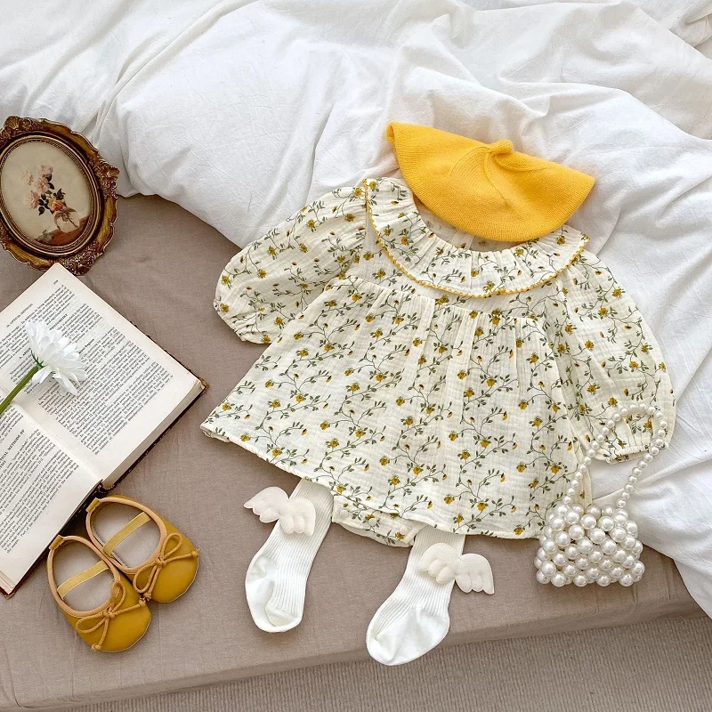 

INS Autumn Baby Girl Flower Dress Romper 0-24Months Newborn Princess Long Sleeve Cape Collar Cotton Skirted One-Pieces Clothes