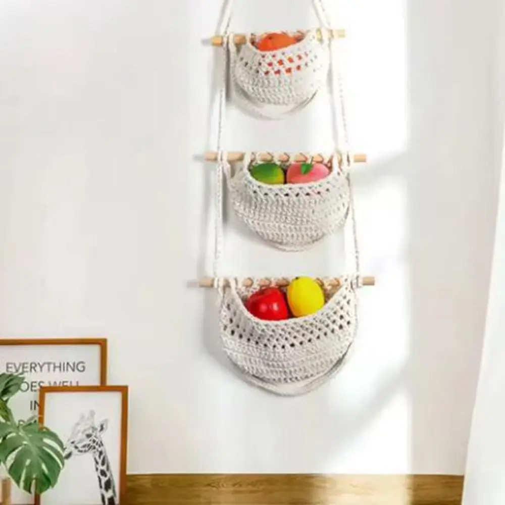 Multifunctional Cotton Rope Hanging Fruit Baskets Simple Stylish 3 Tier Storage Bag Handmade Fruit Net Pocket Closet