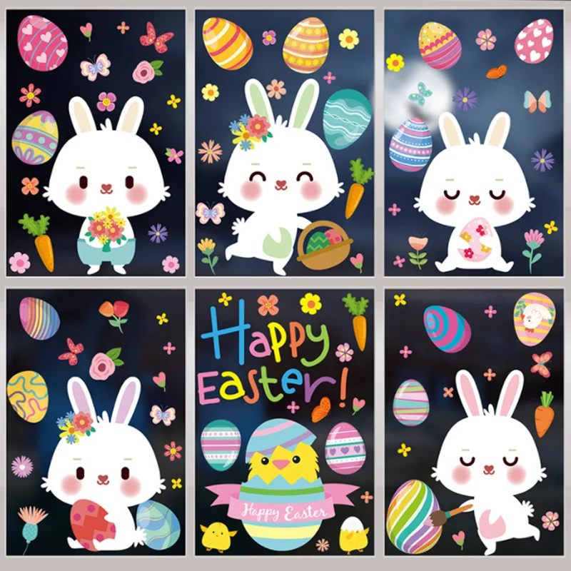 9pc Kawaii Easter Eggs Rabbit Wall Sticker Shop Window Glass Layout Electrostatic Decoration Sticker Moisture-proof Anti Fouling