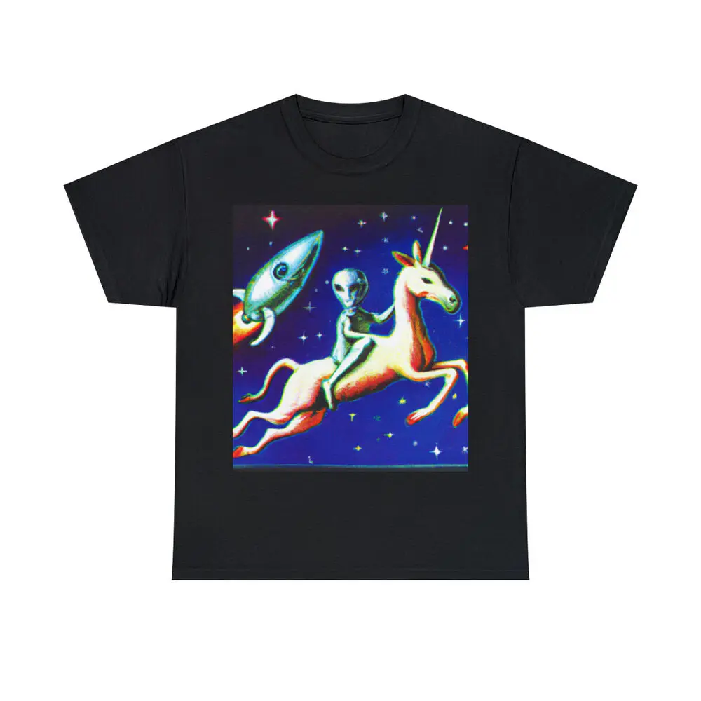 Alien Riding Unicorn UFO Tee Weird Hipster Novelty Anime Graphic T-shirts Y2K Tops Unisex Summer