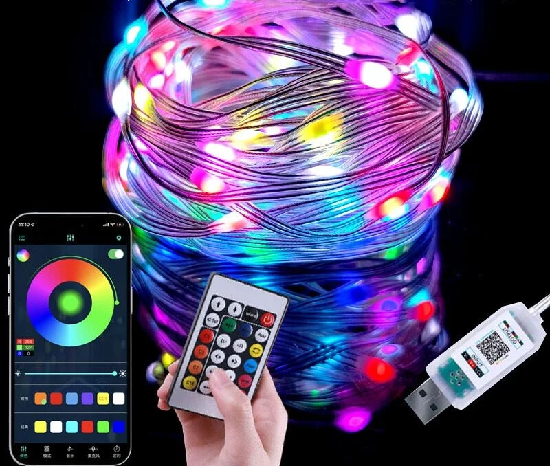 Guirnalda de luces RGB de Hada inteligente de 20m y 200Leds, cable de PVC impermeable USB, Control por aplicación, cambio de Color, decoración para fiesta de árbol de Navidad y boda