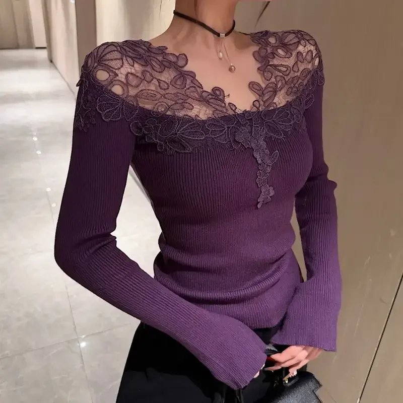 

Elegant Women Blouse With Lace Trim Slash Neck Long Sleeve Slim Fit Knit Top