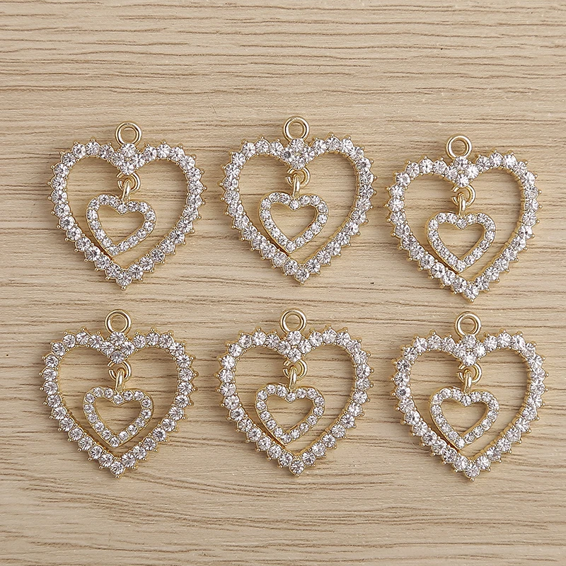 4pcs 20x25mm Cute Crystal Double Hollow Love Heart Charms Pendants for Making DIY Earrings Necklace Bracelets Jewelry Findings