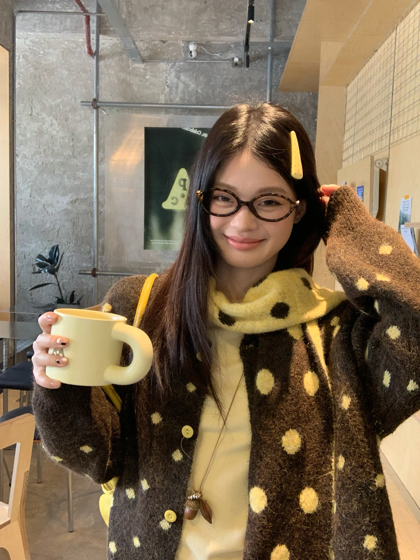 

Loose Women's Knitted Cardigan Sweater Yellow Polka Dot Coffee Base Lazy Sle Winter Outerwear Soft Korean Sle Commute Wind