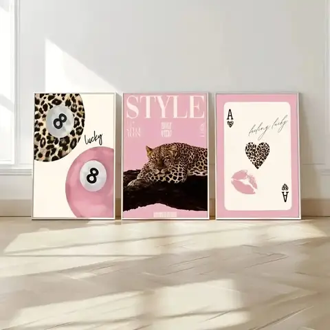3pcs/Set Modern Art Leopard Print Playing Card Design Pink-style Wall Decoration, Modern Bedroom and Living Room Home Decoration