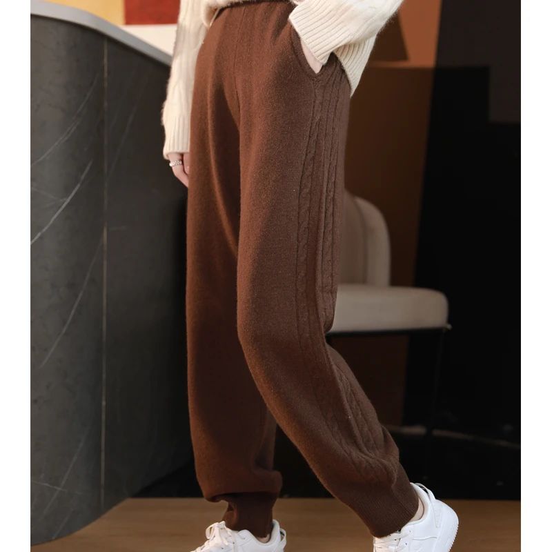 

Women Cashmere Pencil Pants 100% Merino Wool Knitwear Autumn Winter Soft Warm Trousers Fashion Twist Flower Sport Causual Pants