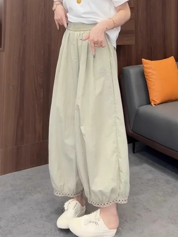 سراويل نسائية صيفية عالية الخصر مقاس كبير سراويل فانوس رفيعة غير رسمية فضفاضة بخصر مطاطي تسعة نقاط سراويل تنحيف متعددة الاستخ...