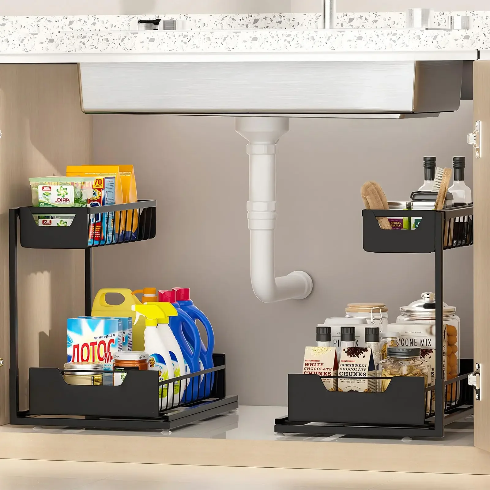 Metal Pull Out Under Sink Organizer 2 Tier Sliding Cabinet Storage Rack Multi-Functional Drawer Shelf with Suction Cups for Kitchen Bathroom Pantry Countertop Space Saving Tall Bottle Storage