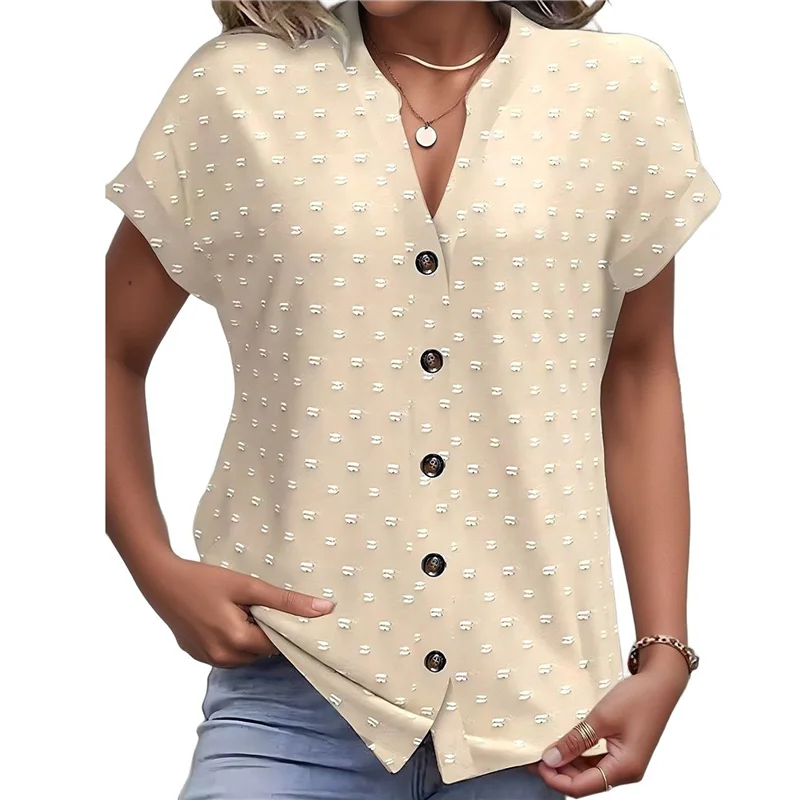 

A83F-Женская летняя блузка с v-образным вырезом и рюшами, лето 2025 года, струящаяся рубашка в горошек, топ-туника