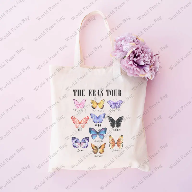 The Eras Tour Butterfly Print Canvas Hand Luggage Stylish Taylor Merch Shoulder Bag Canvas Tote Bag Reusable Shopping Bag