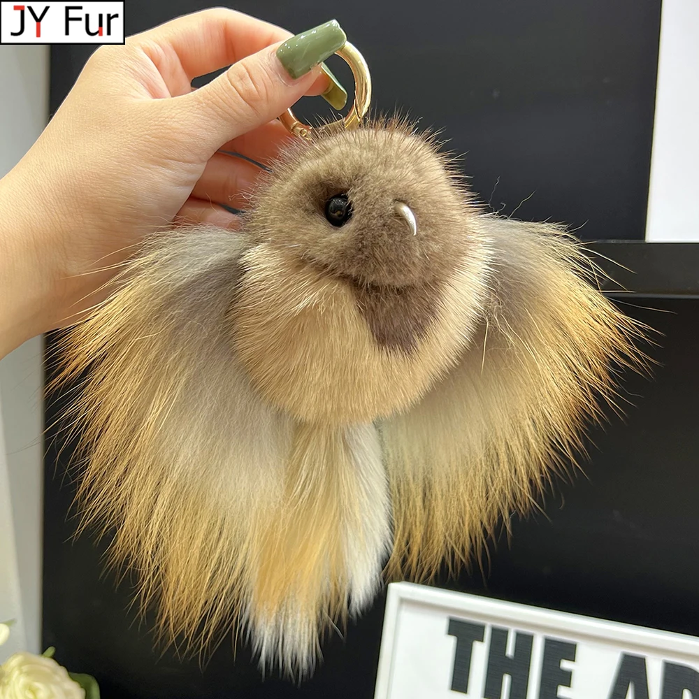 

Mink Fur Keychain Men Annunciation Bird Pendant Keyring Bag Key Ornament Genuine Fur Toys Pom Pom Trinket Gifts Women