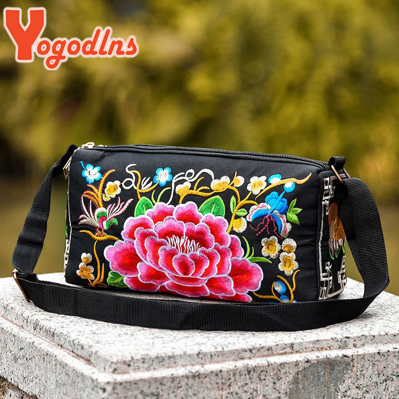 Yogodlns Retro Women Shoulder Bag Multi Floral Embroidery Bohemia Ethnic Retro Coin Purse Handbags Canvas Small Messenger Bag