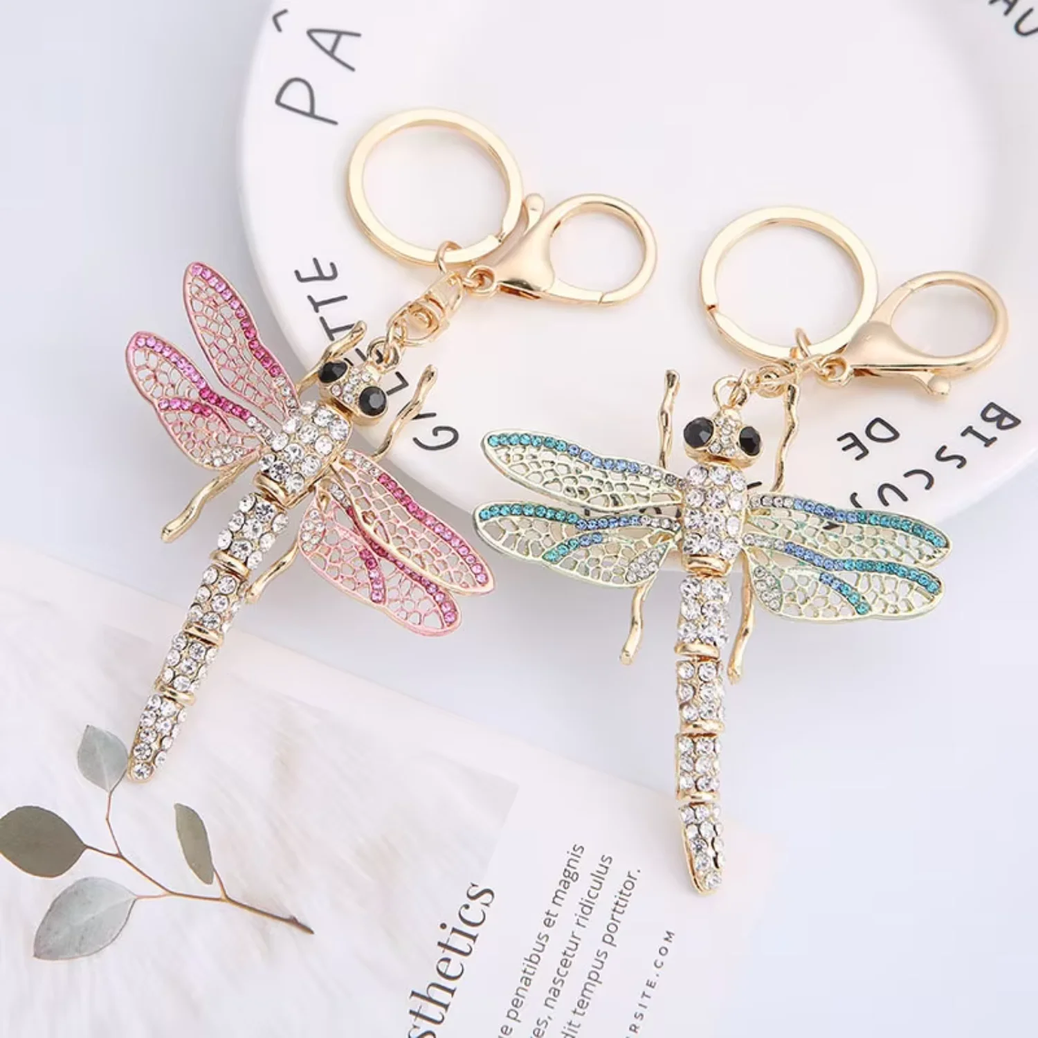 Fashion Cute Exquisite Key Ring Metal Crystal Bling Insect Pendant Key Chain Rhinestone Dragonfly  Charm Accessories Keychain