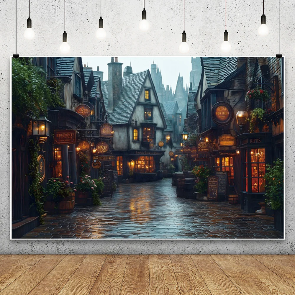 Magic Town Photography Background Magic Village Night Street Fantasy Decoration Backdrop Halloween Wonderful Photo Studio Props