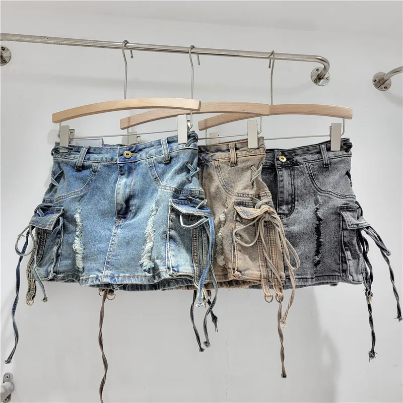 Vintage Strapped Denim Hip Hugging Skirt Female Fashion High Waisted Bow Lace-up Short Skirts Summer Commute A-Line Skirt