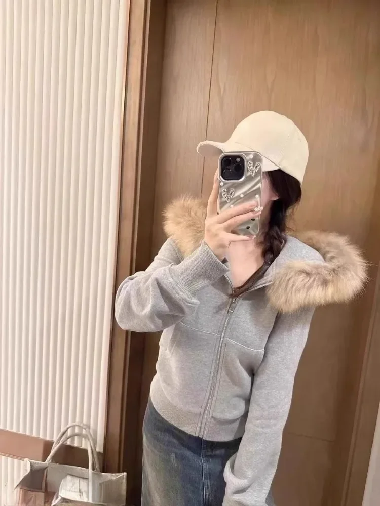 Vintage Fur Patchwork Hooded Grunge Zip Up Hoodies Women Casual All Match Korean Pocket Coats Y2k Aesthetic Gray Sweatshirts