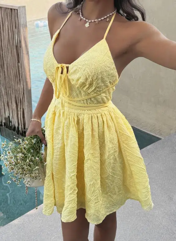 

2026 Spring/summer New Fashion Casual Women'selegant Sexy Backless Woven Hanging Neck Tie Waist Dress