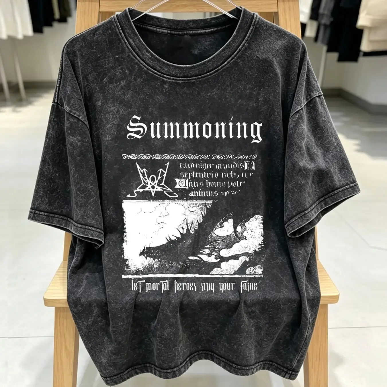 washed T Shirt Summoning Let Mortal Heroes Sign Your Fame BLACK metal band vintage Washed Casual Stylish Stretched Versatile