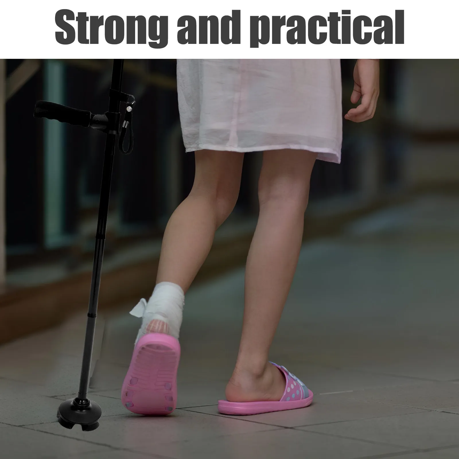 Telescopic Folding LED Cane Adjustable Height 5-Level Alarm Button 4-Foot Base Anti-Skid Walking Stick for Elder