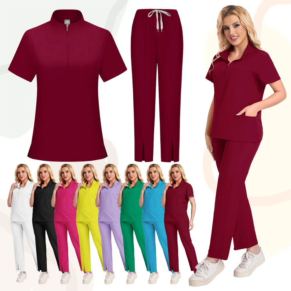 Venta al por mayor, uniforme médico de moda de alta calidad, pantalones superiores para enfermeras, cuello levantado elástico, uniformes quirúrgicos para enfermera y Doctor para mujer
