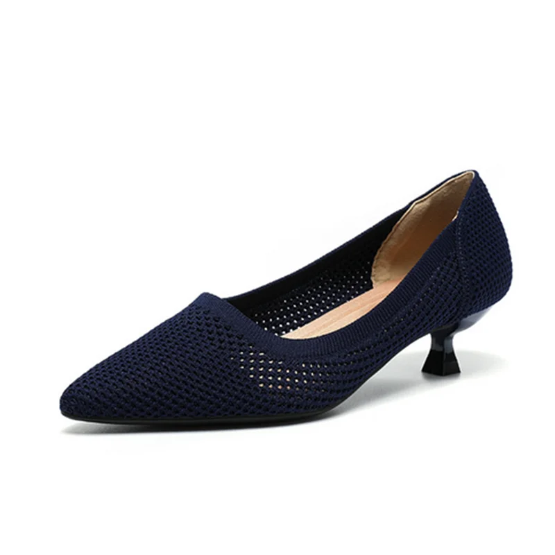 

Women Kitten Heels Pumps 4cm Knitting Breathable Slip-On Yellow Royal Blue Shoes Pointed Toe Spogy Insole 34-43 26cm Chaussures